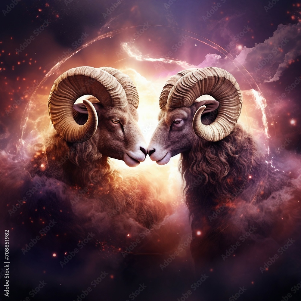 a couple of rams standing next to each other - obrazy, fototapety, plakaty 