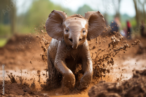 Joyful Baby Elephant Playing in Mud.