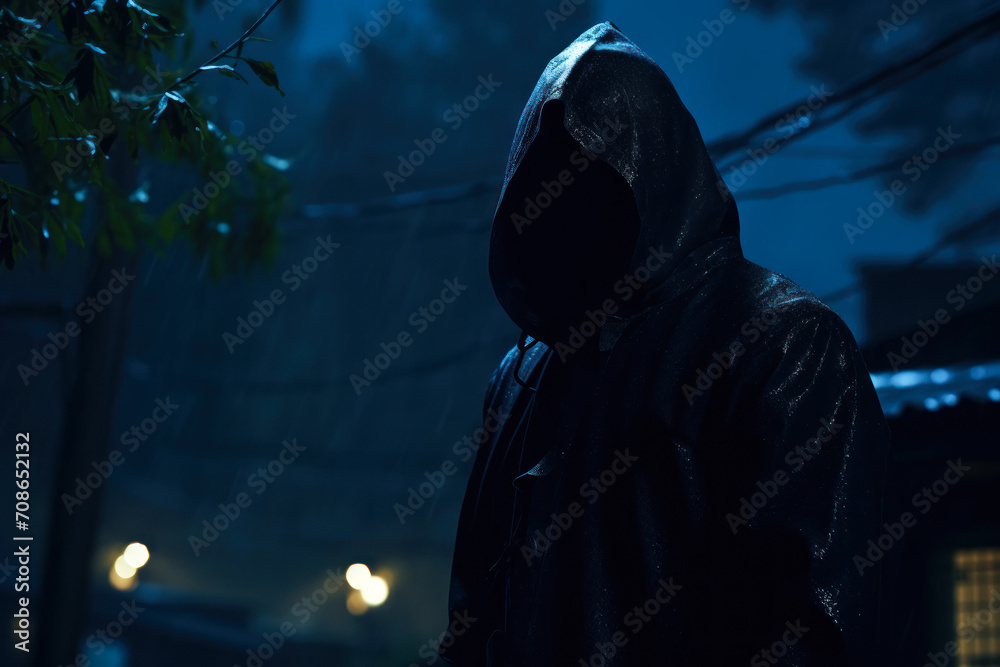 Mysterious Figure in Hoodie on Rainy Night. Mysterious Figure in Hoodie on Rainy Night.