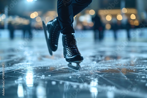Ice Skating Boot Gliding on Ice Rink.