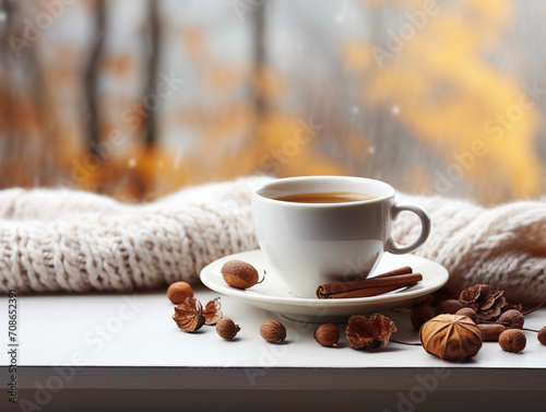 Cozy and festive atmosphere.A warm, inviting winter atmosphere, coffe, candles and a comfy blanket by the window.