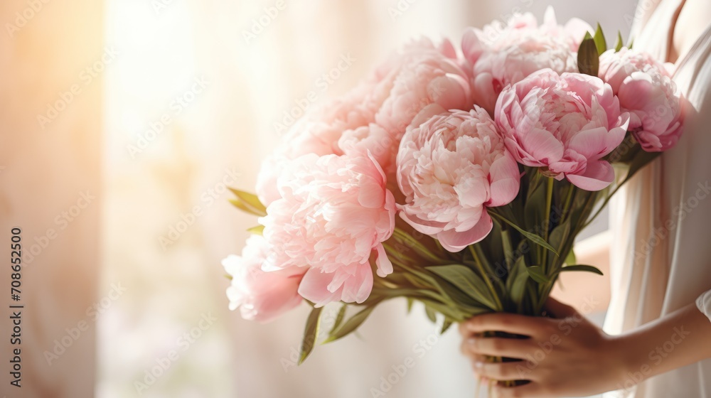 Women's hands holding a bouquet of pink peonies for congratulations on Mother's Day, Valentine's Day, women's Day. Blurred background. - obrazy, fototapety, plakaty 