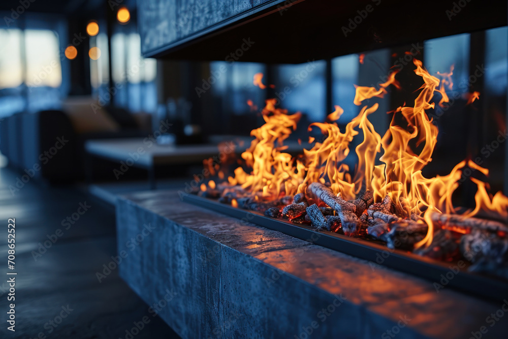 Obraz premium Modern Fireplace with a Cozy Blazing Fire.