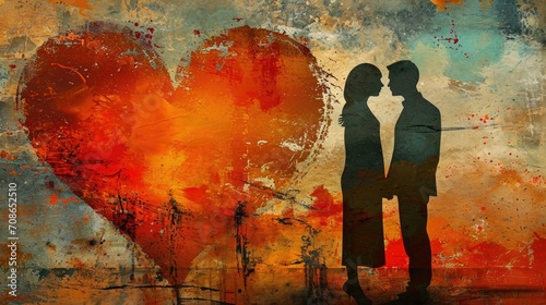 Valentine's day background with man and woman silhouettes kissing