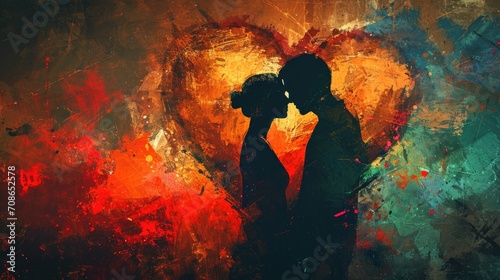 Couple kissing on abstract colorful grunge background. Love concept