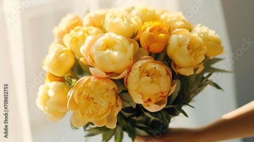 Fototapeta Naklejka Na Ścianę i Meble -  Women's hands holding a bouquet of yellow peonies for congratulations on Mother's Day, Valentine's Day, women's Day. Blurred background.