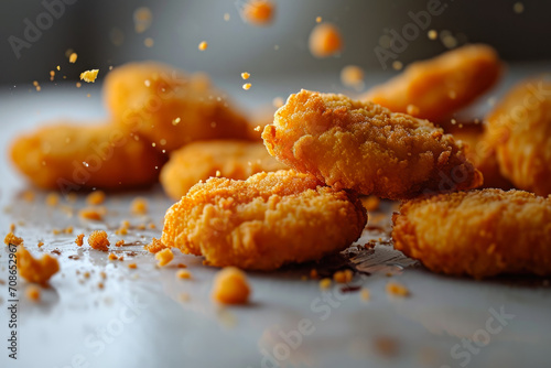 Crispy Chicken Nuggets Falling Mid-Air. photo