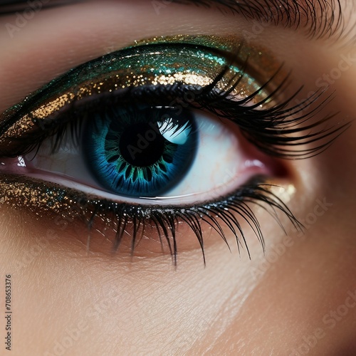 a close up of a woman's blue eye with gold glitter