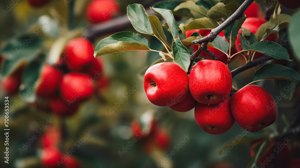 Obraz premium Red Apple fruit on the tree, Red apples ready to be harvested. Red apples in the apple orchard.