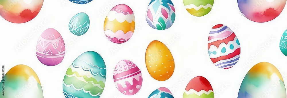 Banner simple watercolor drawn multi-colored Easter eggs in pastel color isolated on isolated white background in uniform style