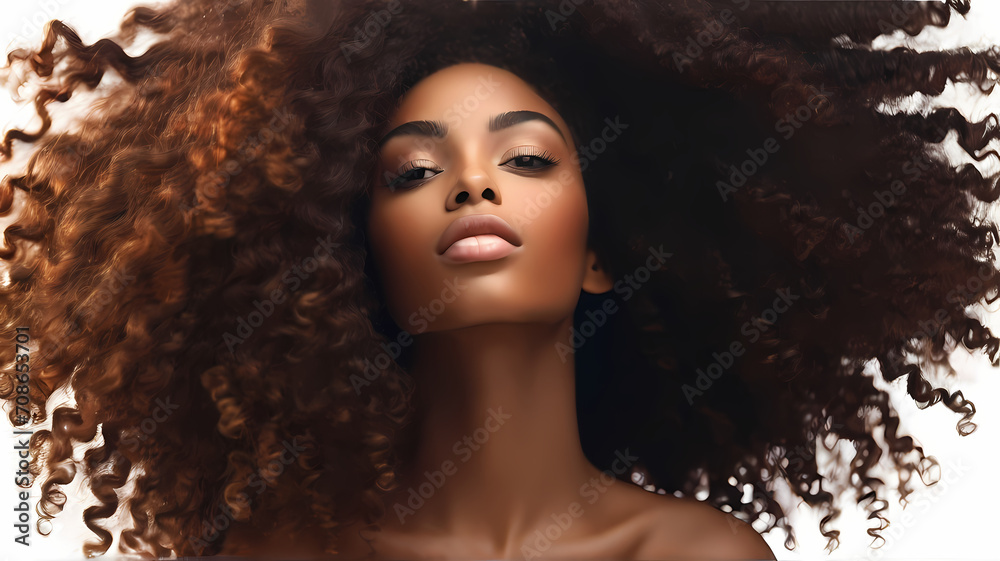 closeup of wonderful dark African American youthful female model lady shaking her delightful afro hair moving. promotion for cleanser conditioner hair items isolated on white background. Generative Ai