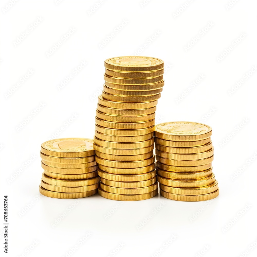 Three stacks of gold coins of different heights on a white background Three stacks of gold coins of different heights on a white background