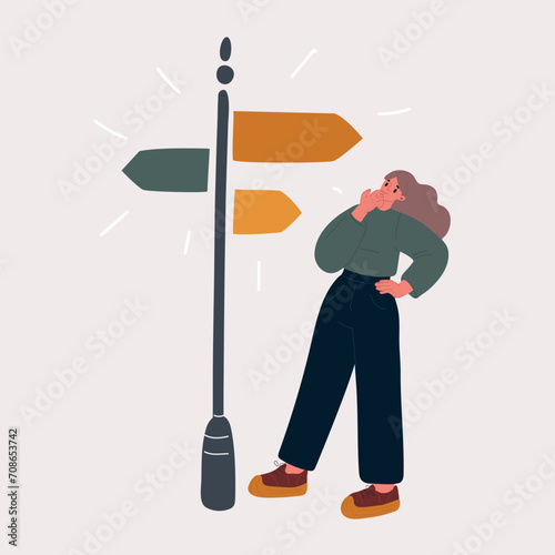 Frustration, doubt and question concept. Young frustrated woman cartoon character standing feeling doubt with question marks above vector illustration