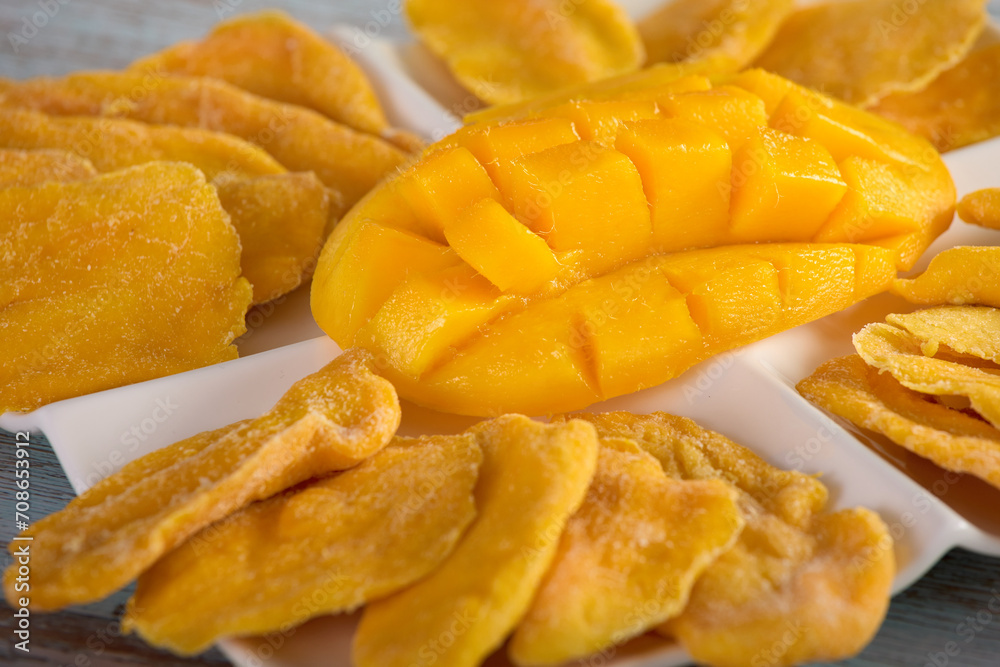 Close-up of juicy, delicious, ripe mango in yellow color, neatly chopped and arranged on a plate together with sliced candied fruits. Sweet flesh of ripe mango on a white platter with candied fruit Close-up of juicy, delicious, ripe mango in yellow color, neatly chopped and arranged on a plate together with sliced candied fruits. Sweet flesh of ripe mango on a white platter with candied fruit