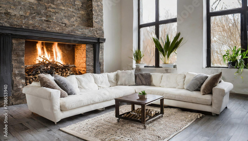 White corner sofa near fireplace. Scandinavian home interior design of modern living room © Dressers zone