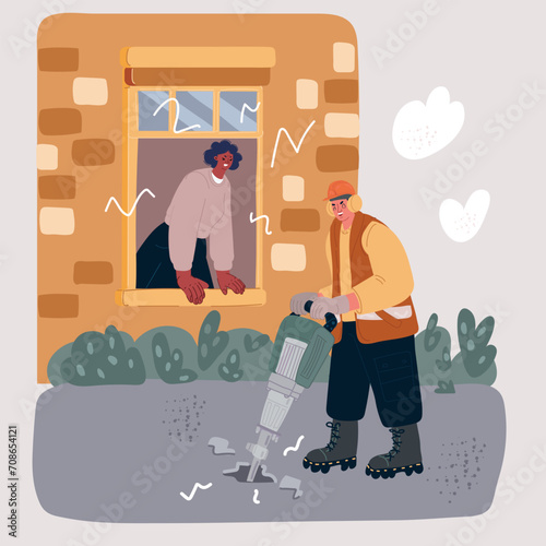 Vector illustration of Man hammering loud on road disturbing neighbor