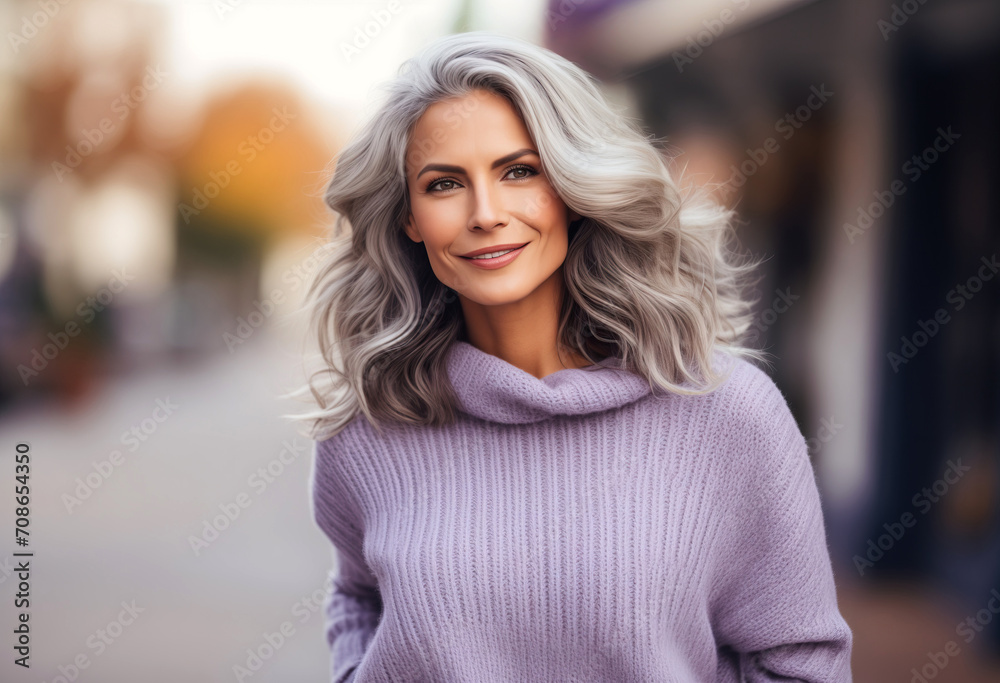 Attractive aged woman with purple clothes in the city