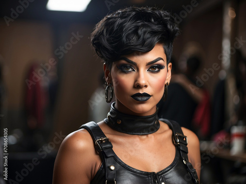 Close up of a drag queen with makeup and black leather clothing in backstage room. Female impersonator posing in dressing room