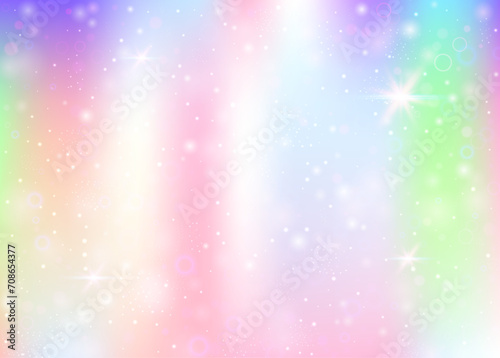 Holographic background with rainbow mesh. Liquid universe banner in princess colors. Fantasy gradient backdrop with hologram. Holographic magic background with fairy sparkles, stars and blurs.