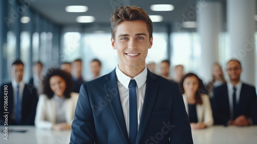 Corporate confidence: A happy young businessman looks at the camera while holding a digital tablet.