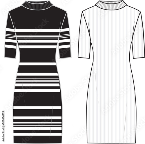 Women's High Neck Short Sleeve Midi Knit Dress. Technical fashion illustration. Front, white and black color. Women's CAD mock-up.