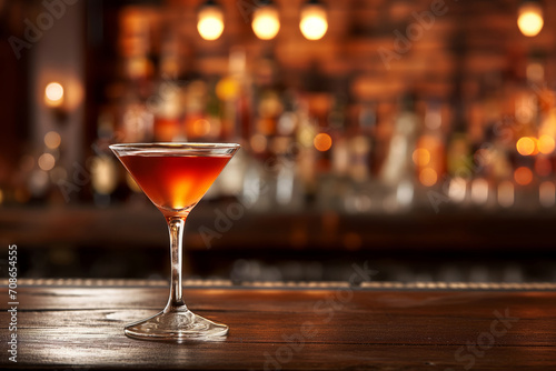 A glass of a Manhattan cocktail against the cozy backdrop of a bar with space for text