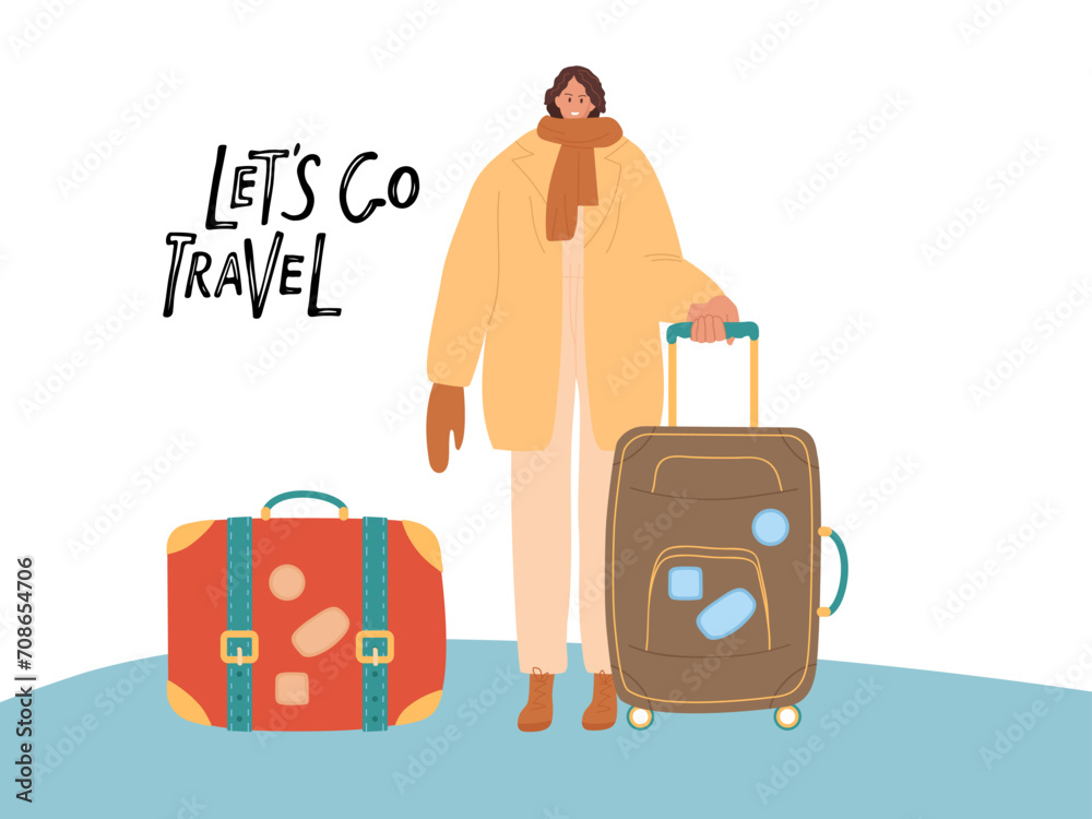 Travel banner. Lets go travel lettering. Young woman with suitcases in winter time. Tourist Female with warm clothes. Colored flat vector illustration on white background. Vacation or business trip. Travel banner. Lets go travel lettering. Young woman with suitcases in winter time. Tourist Female with warm clothes. Colored flat vector illustration on white background. Vacation or business trip.
