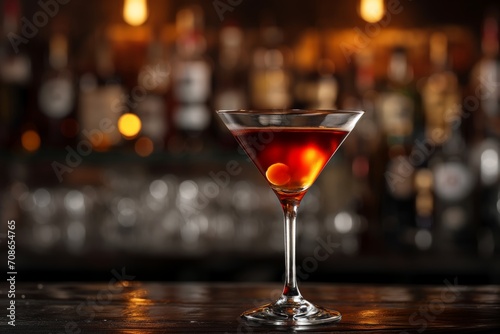 A glass of a Manhattan cocktail against the cozy backdrop of a bar with space for text