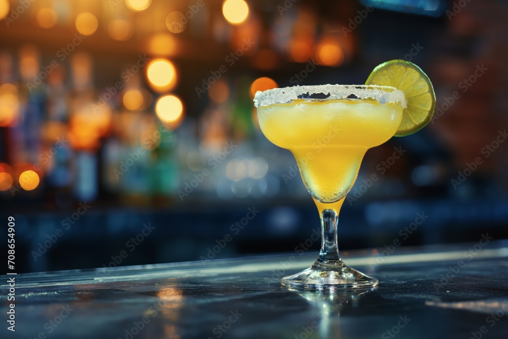 A glass of a Margarita cocktail against the cozy backdrop of a bar with space for text A glass of a Margarita cocktail against the cozy backdrop of a bar with space for text
