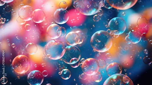 An iridescent air bubble on a background with a gradient. A lot of bubbles are flying in a chaotic manner.