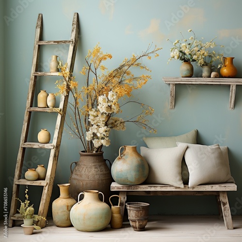 A beautiful still life of a rustic room with a ladder, bench, and pottery photo