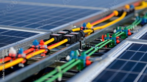 Wiring and Connections of Solar Panel A detailed view of the wiring and electrical connections on a polycrystalline solar panel Great for technical manuals photo