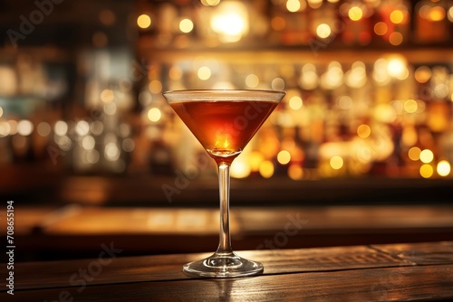 A glass of a Manhattan cocktail against the cozy backdrop of a bar with space for text