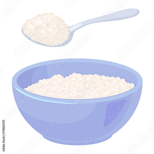 Cottage cheese in blue bowl, milk dairy product. Vector illustration. Cartoon healthy ricotta or cottage cheese, food production isolated on white