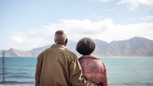 Authentic retirement bliss: A rear view of a happy senior African-American couple enjoying the sea and mountains on a cloudy day at the beach.