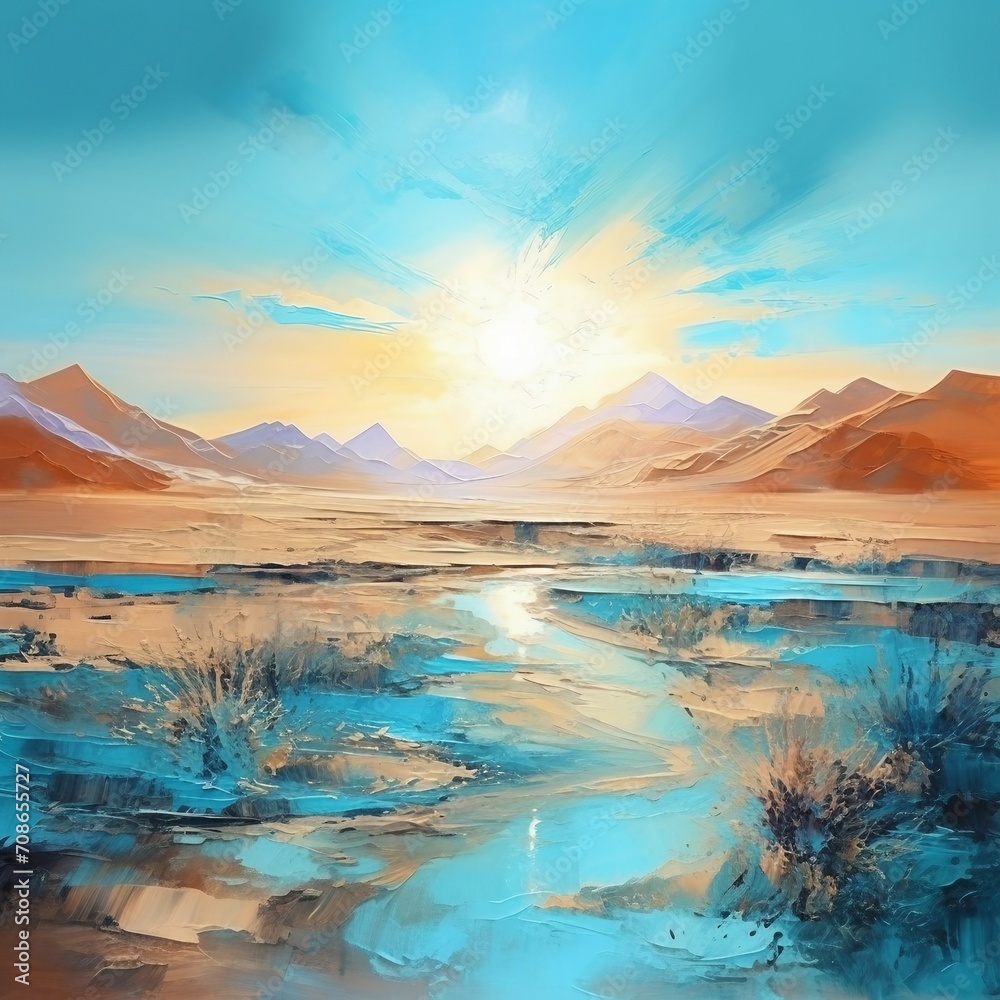 a painting of a river running through a desert