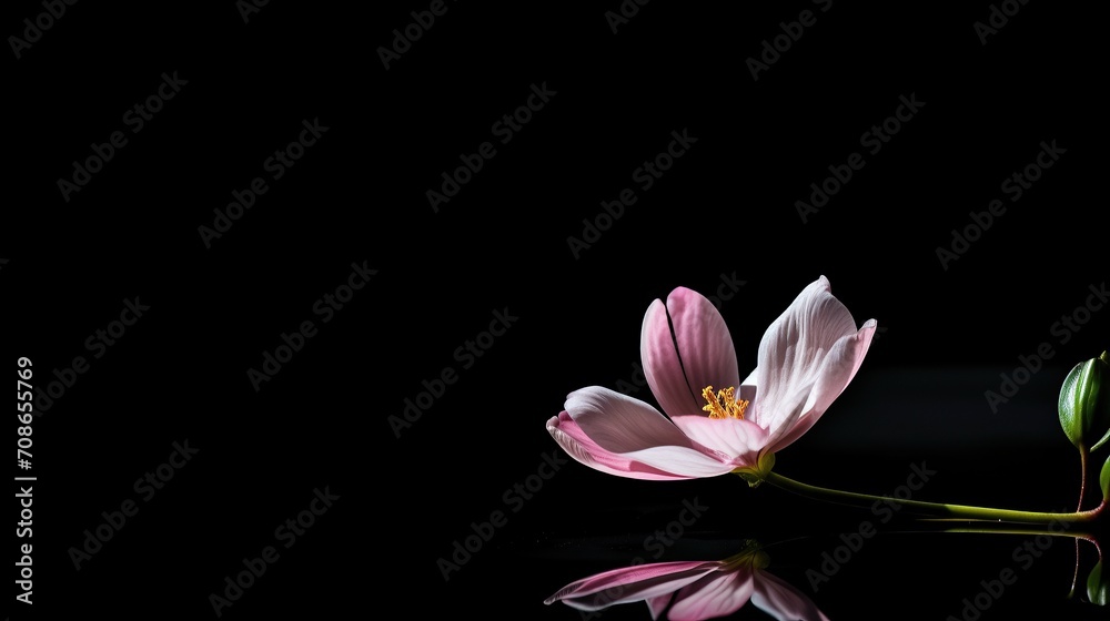 beautiful flower with stem on black background, pollen , white, blue, purple colors.