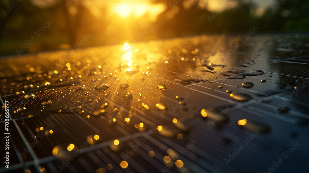 Dew on Solar Panel at Dawn Early morning dew on a solar panel, with a close-up on the water droplets and panel texturer - obrazy, fototapety, plakaty 