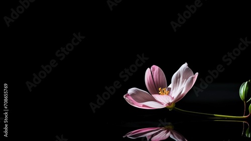 beautiful flower with stem on black background, pollen , white, blue, purple colors.