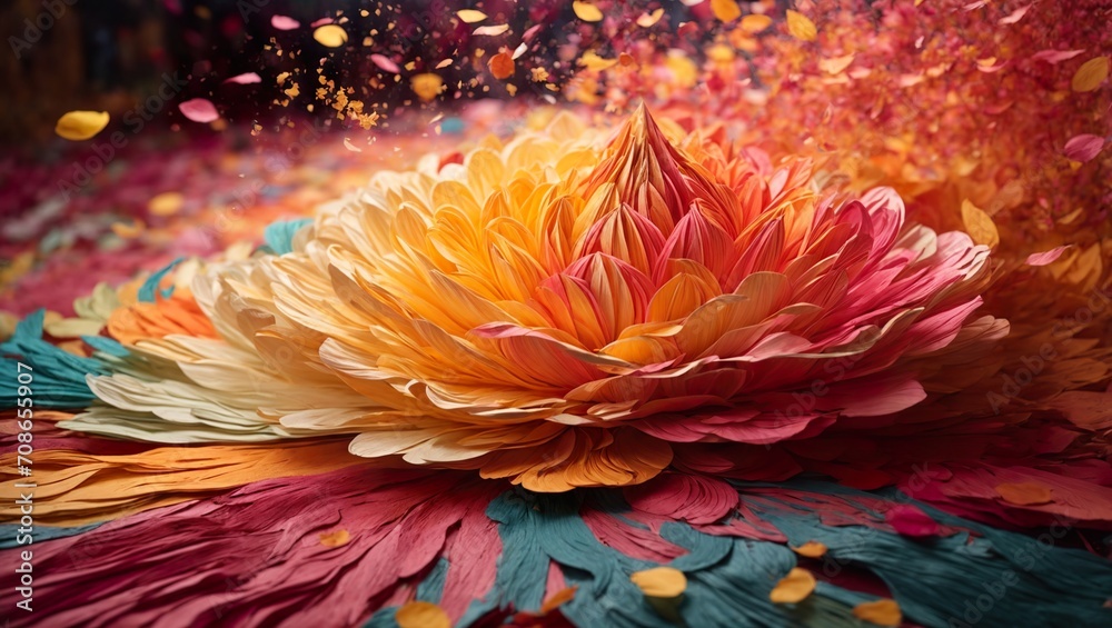 An abstract representation of Hindu festival Holi with colorful imaginary flowers, flower petals and vividly colored powder.