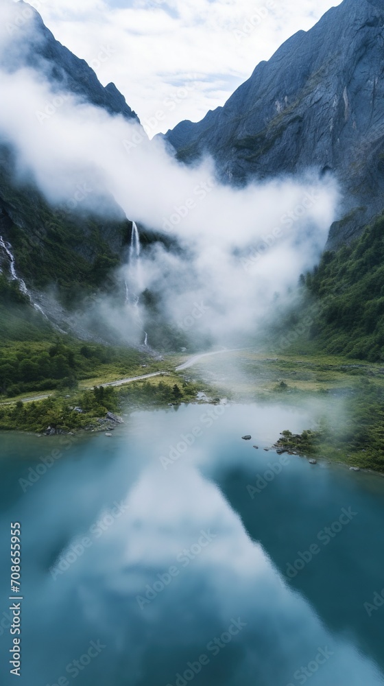 Stunning mountain lake landscape with waterfall and forest