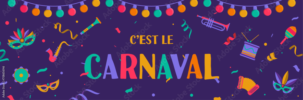 Carnaval - Bannière - Illustrations et titre autour de mardi gras - Illustration festive joyeuse avec des guirlandes, guinguettes, instruments de musique, cotillons, confettis et bolduc
