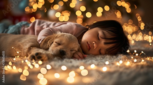 Cute baby sleeping with adorable puppy in bright bedroom with lots of light and light overlay
