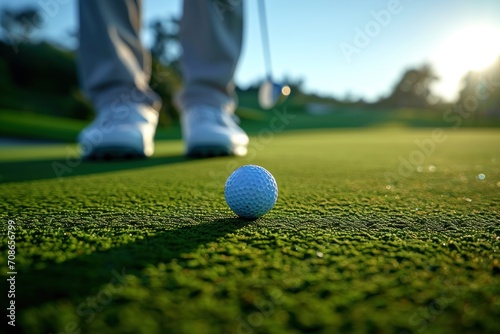 Golf ball on green grass with golf player in background, shallow depth of field