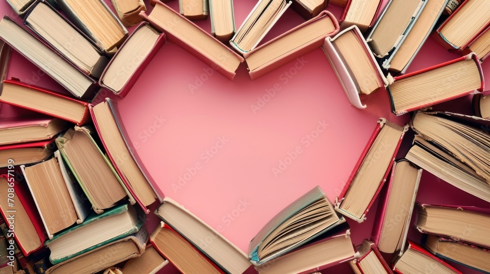 love story Books Forming Heart Shape on Pink Background. colorful hardcover books forming a heart shape, symbolizing love for reading on a vibrant pink backdrop - obrazy, fototapety, plakaty 