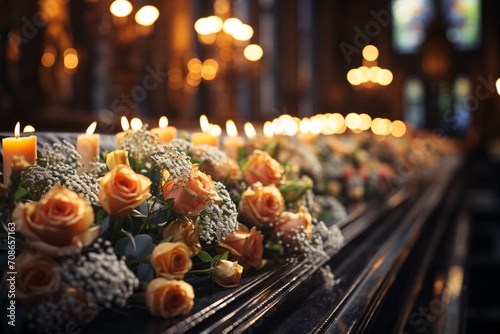 A casket adorned with numerous blooms and lit candles in a lovely church ritual.