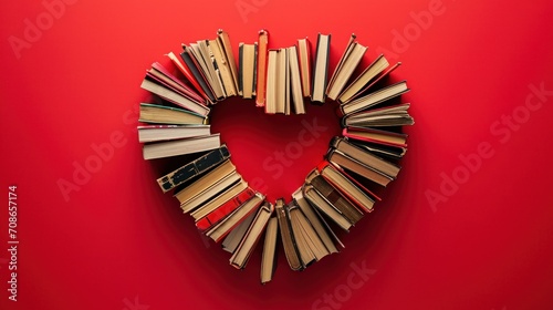 Heart Shape Made of Love story Books on Red Background. Artistic heart-shaped configuration of assorted books on a bold red background  symbolizing a passion for reading.