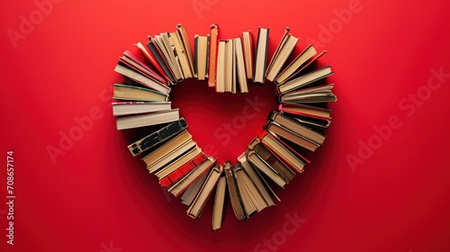Heart Shape Made of Love story Books on Red Background. Artistic heart-shaped configuration of assorted books on a bold red background, symbolizing a passion for reading. photo