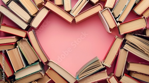 love story Books Forming Heart Shape on Pink Background. colorful hardcover books forming a heart shape, symbolizing love for reading on a vibrant pink backdrop photo