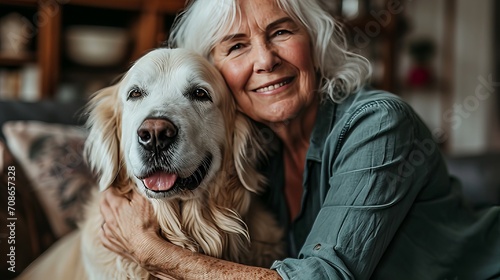 Happy elderly woman with smiling wrinkles embracing her beloved dog, enjoying quality time at home